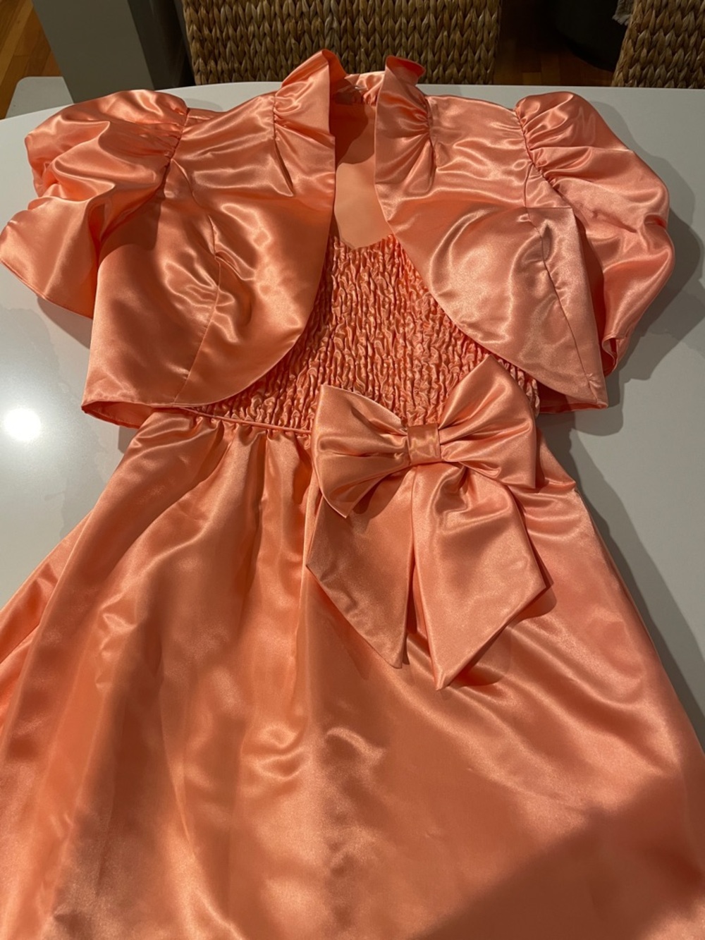 80’s Peach Satin Bow Party Dress with Bolero. vintage prom